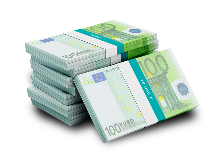 Stack of 100 euro banknotes bundles isolated